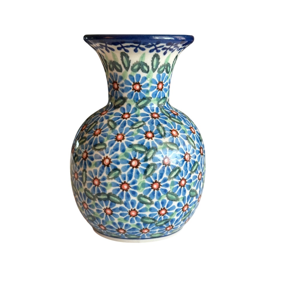 Boleslawiec Polish Pottery Bud Vase 5.5" Blue Daisy Floral Hand Made Poland E.K.